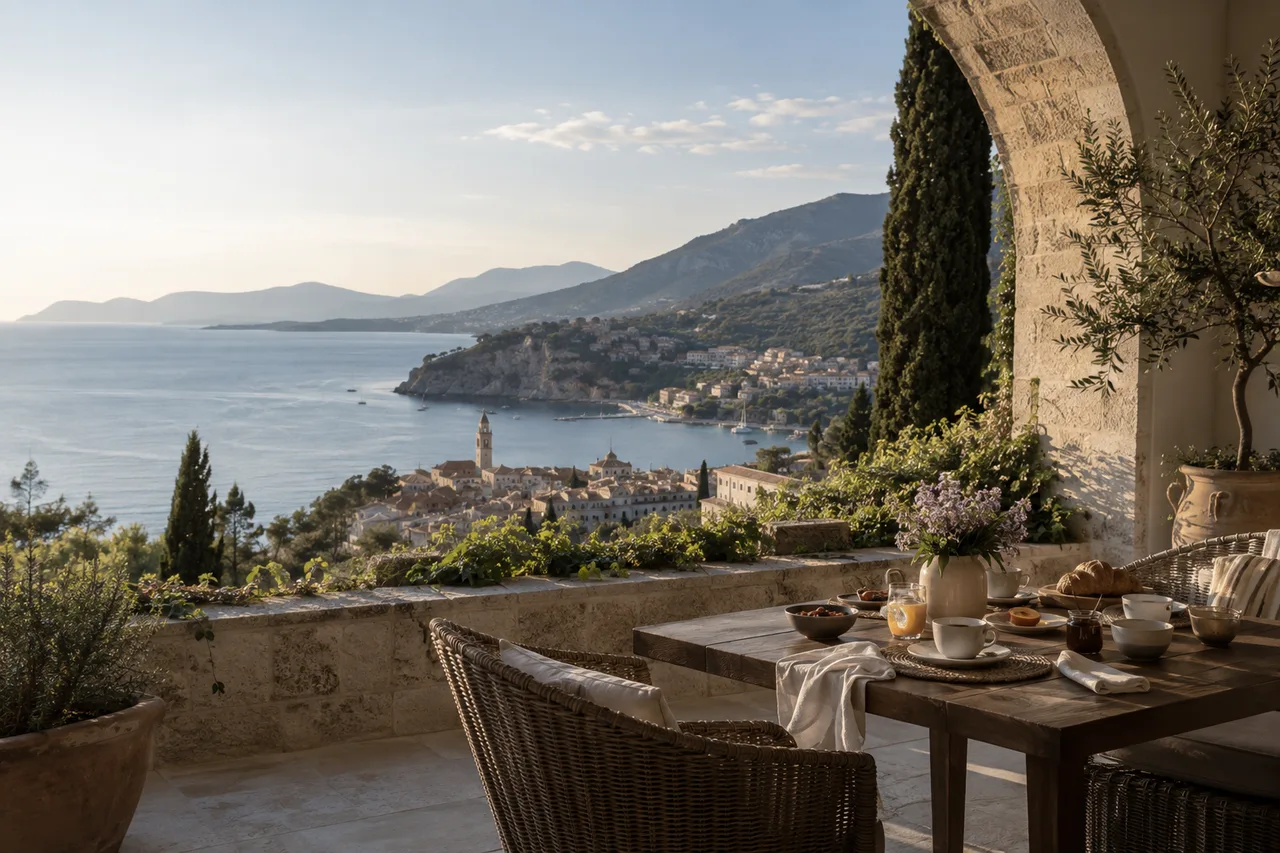 Breakfast for two on a Mediterranean terrace overlooking a quiet bay.